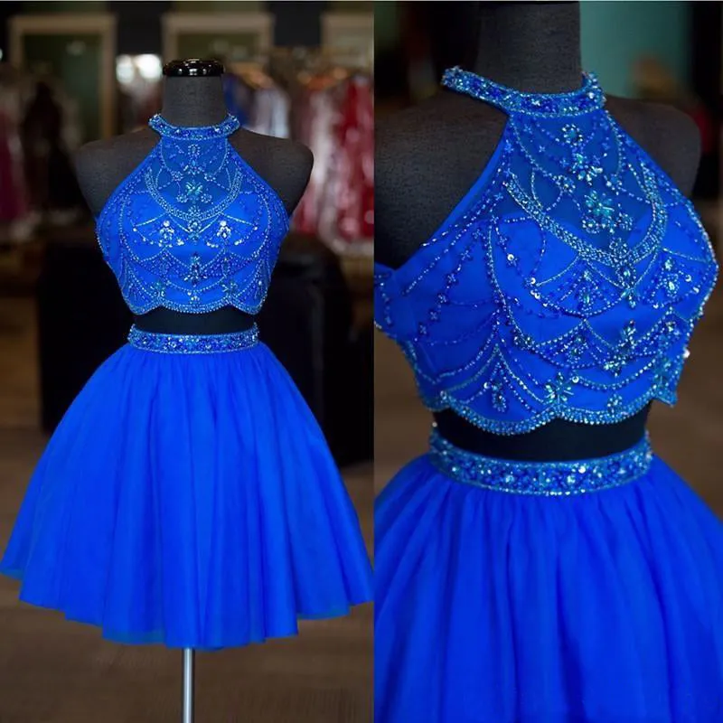 Halter Two Pieces Beaded Royal Blue A-line Tulle Mini Short Homecoming Dress OKC14