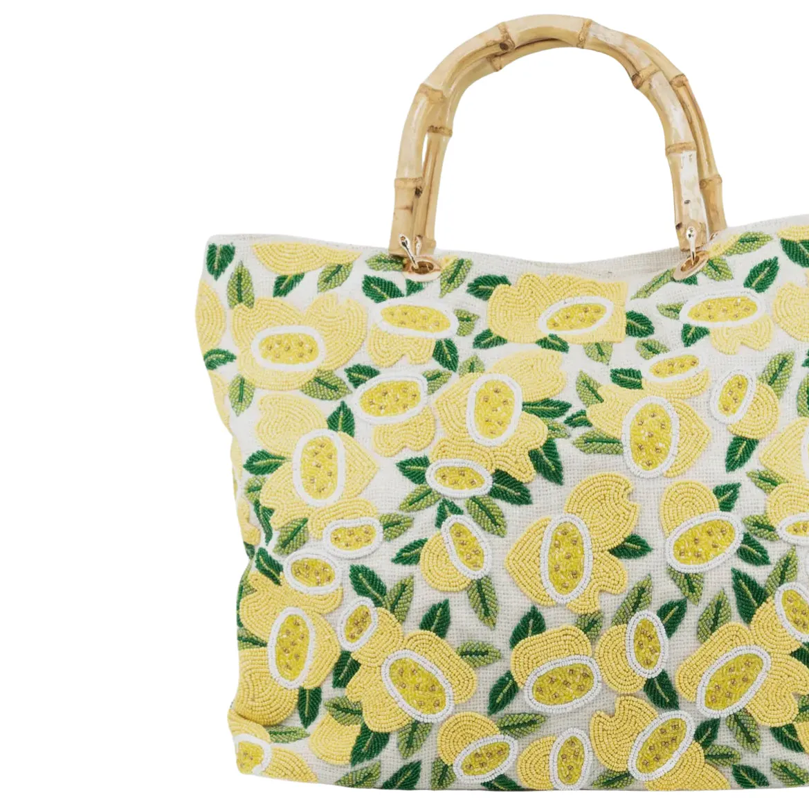 Hand beaded lemon citrus tote with bamboo handle *preorder ships in 3 weeks*