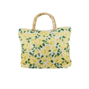 Hand beaded lemon citrus tote with bamboo handle *preorder ships in 3 weeks*