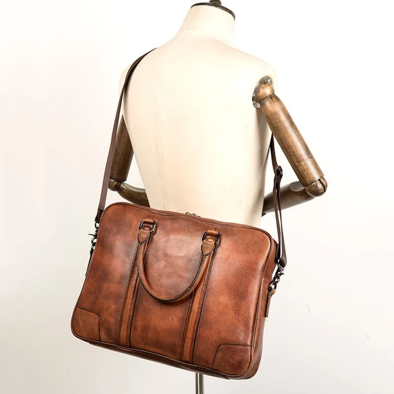 Handmade Full Grain Leather Messenger Bag Mens Leather Briefcase