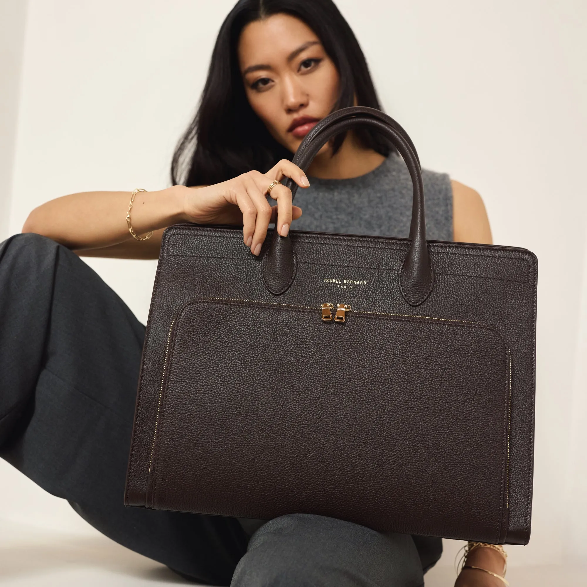 Honoré Nadine dark brown calfskin leather handbag with 16.4 inch laptop compartment