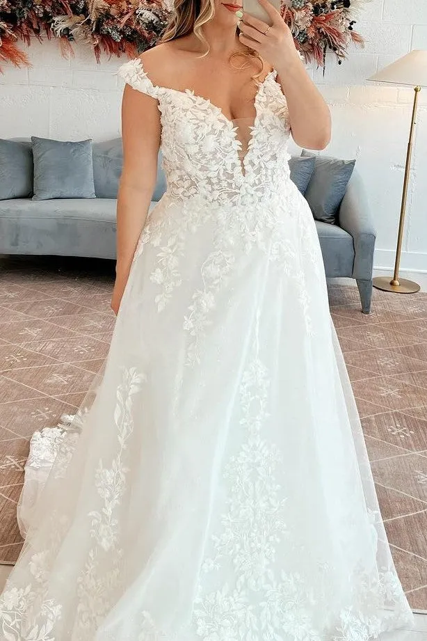 Ivory A Line Off- the -shoulder Tulle Sweep Train Wedding Dresses