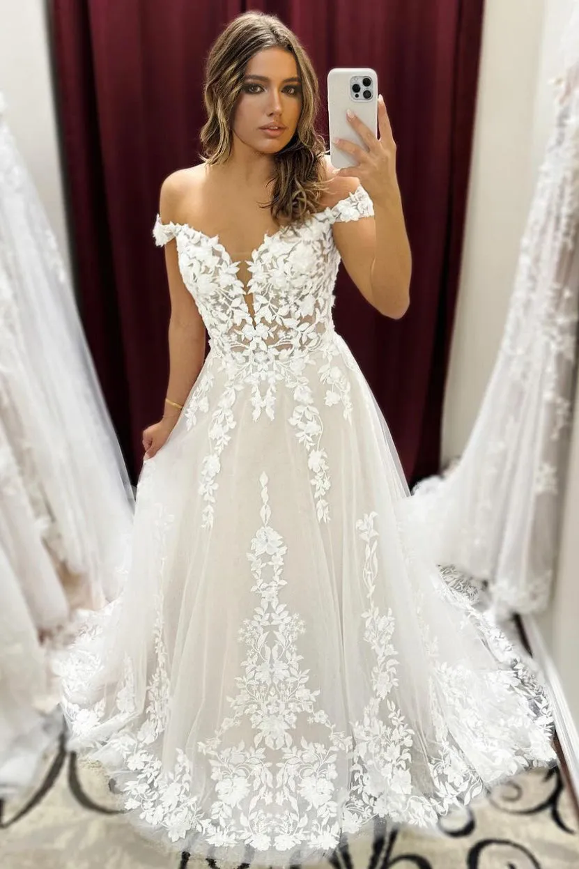 Ivory A Line Off- the -shoulder Tulle Sweep Train Wedding Dresses
