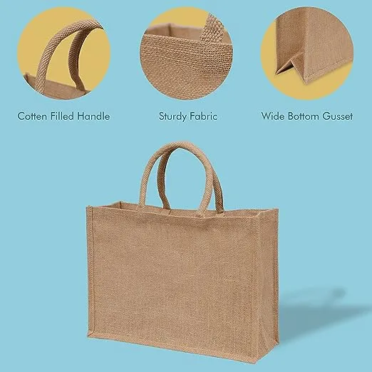 Jute Burlap Tote Bags with Handle | Natural Eco-friendly Reusable Grocery Bag | Totes for bridesmaids | By Yogi's Gift® (Pack of 10)