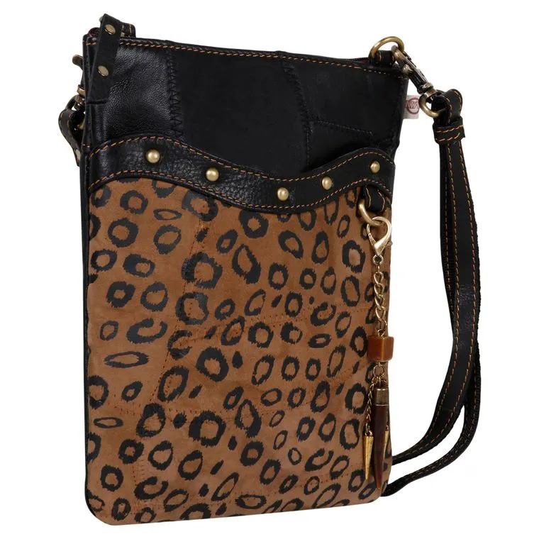 Leopard Print and Black Leather Cross Body Bag- Upcycled Genuine Leather