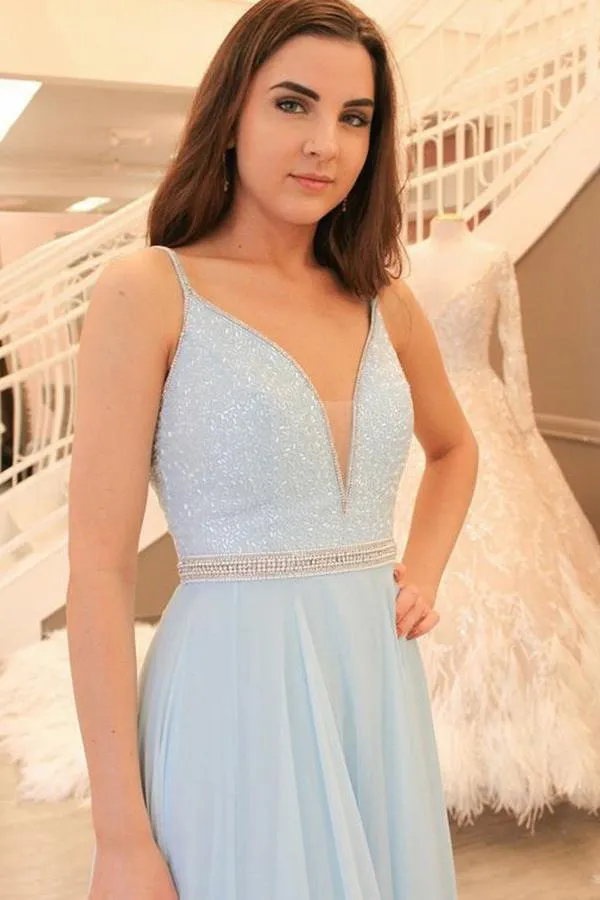 Light Blue Chiffon A-line V-neck Open Back Beaded Prom Dress with Sweep Train, MP266
