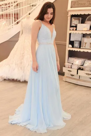 Light Blue Chiffon A-line V-neck Open Back Beaded Prom Dress with Sweep Train, MP266