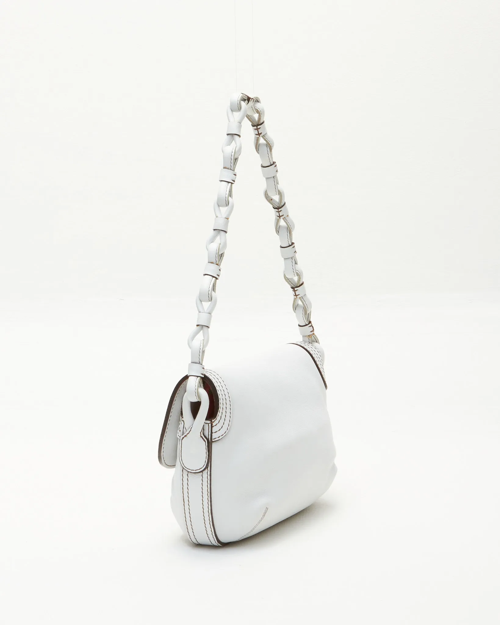 Loewe White Leather Woven Handle Shoulder Bag