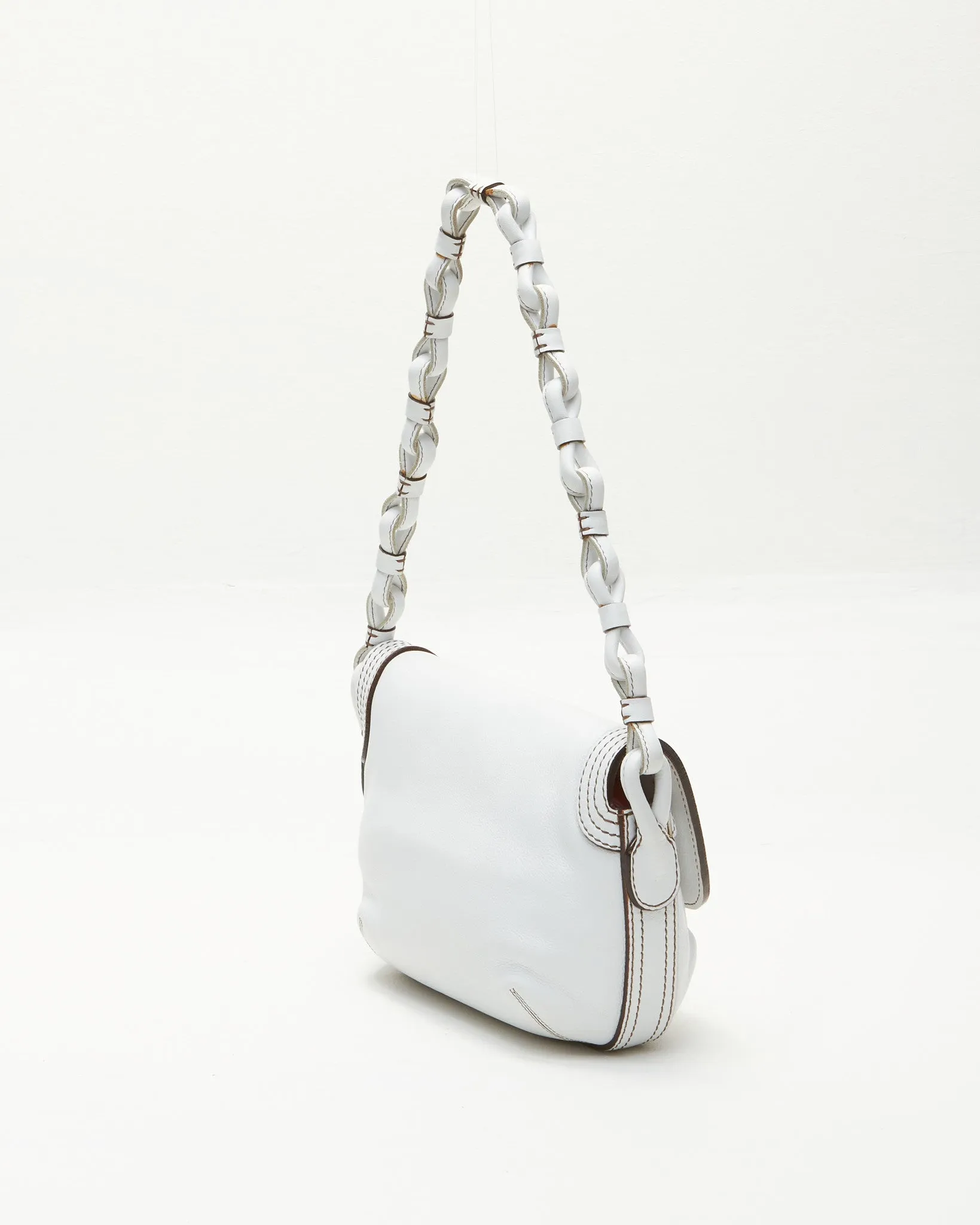 Loewe White Leather Woven Handle Shoulder Bag