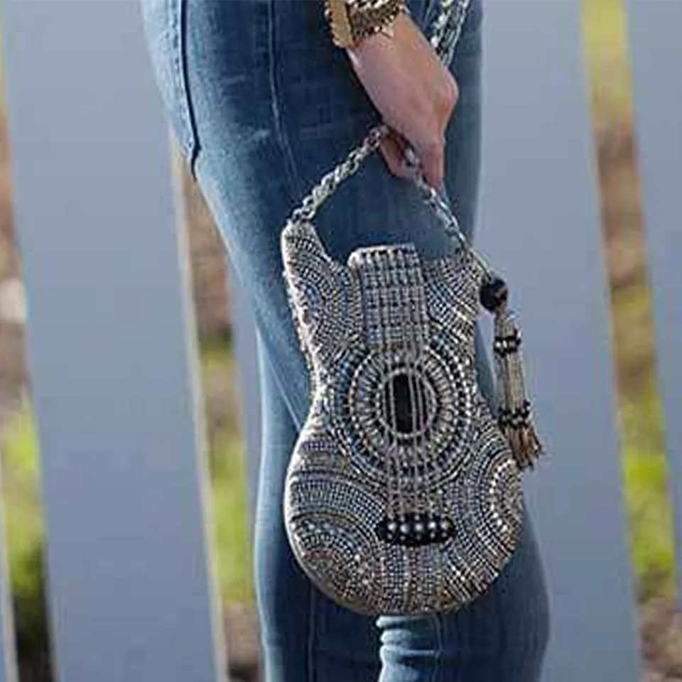 Mary Frances On Tour Special Chain Guitar Bag Beaded Silver Handbag Purse NEW