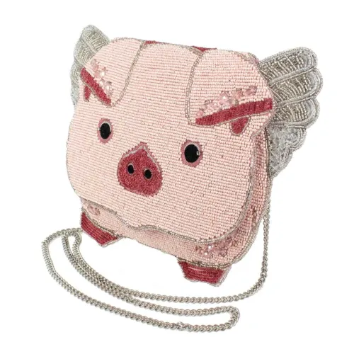 Mary Frances When pigs Fly Pink Spring Beaded Crossbody Clutch Handbag  NEW