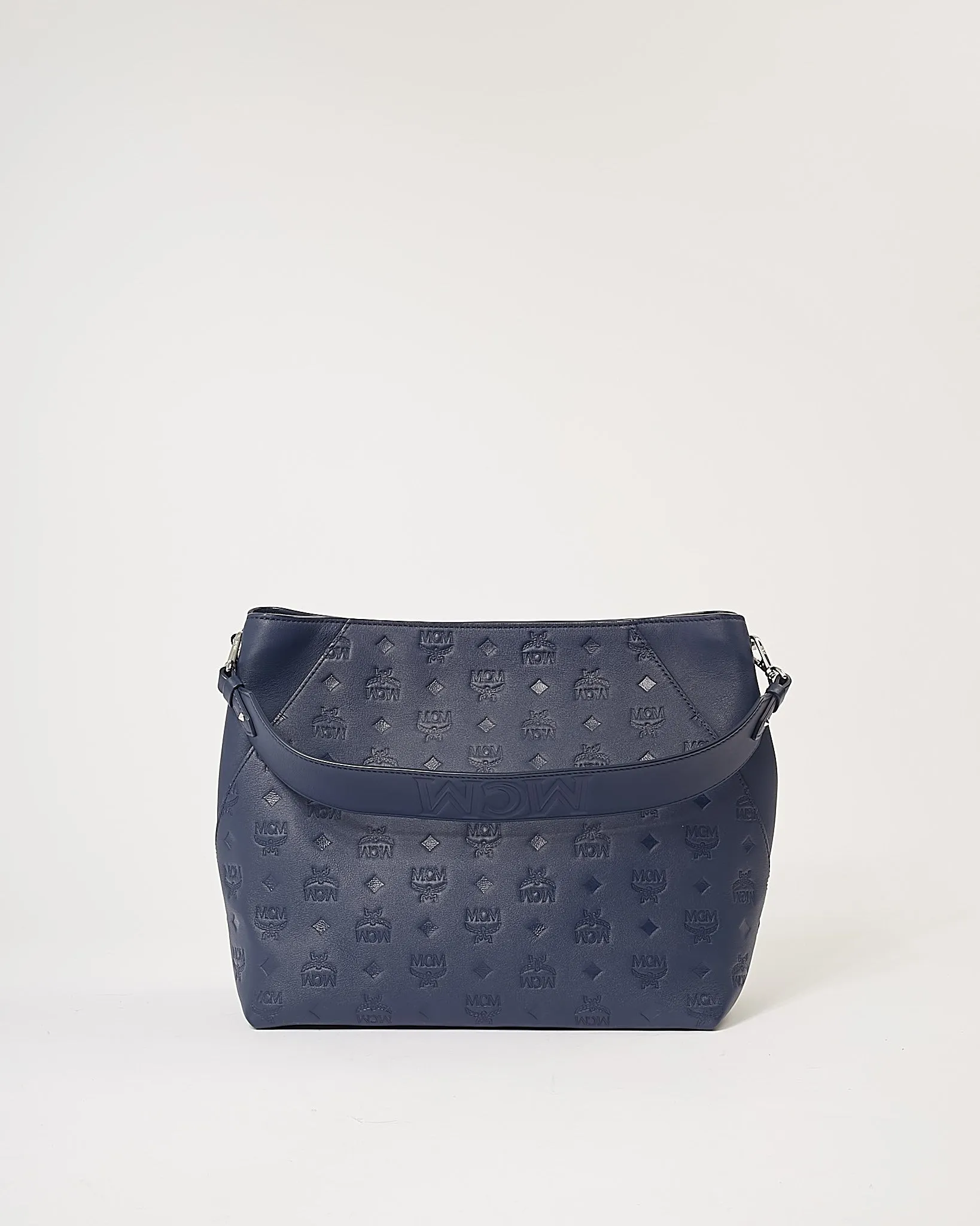 MCM Navy Monogram Embossed Leather Klara Hobo Shoulder bag