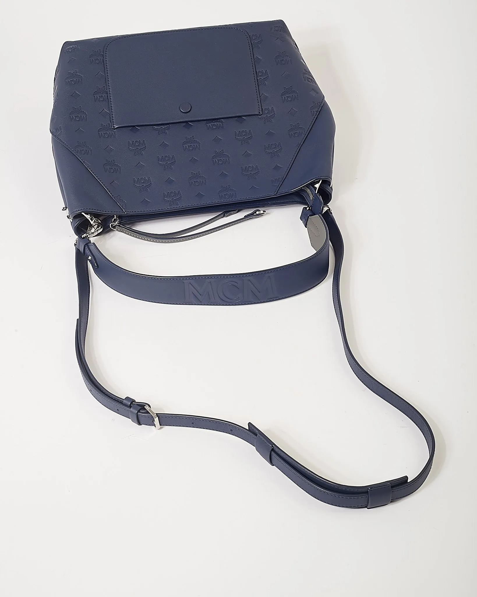 MCM Navy Monogram Embossed Leather Klara Hobo Shoulder bag