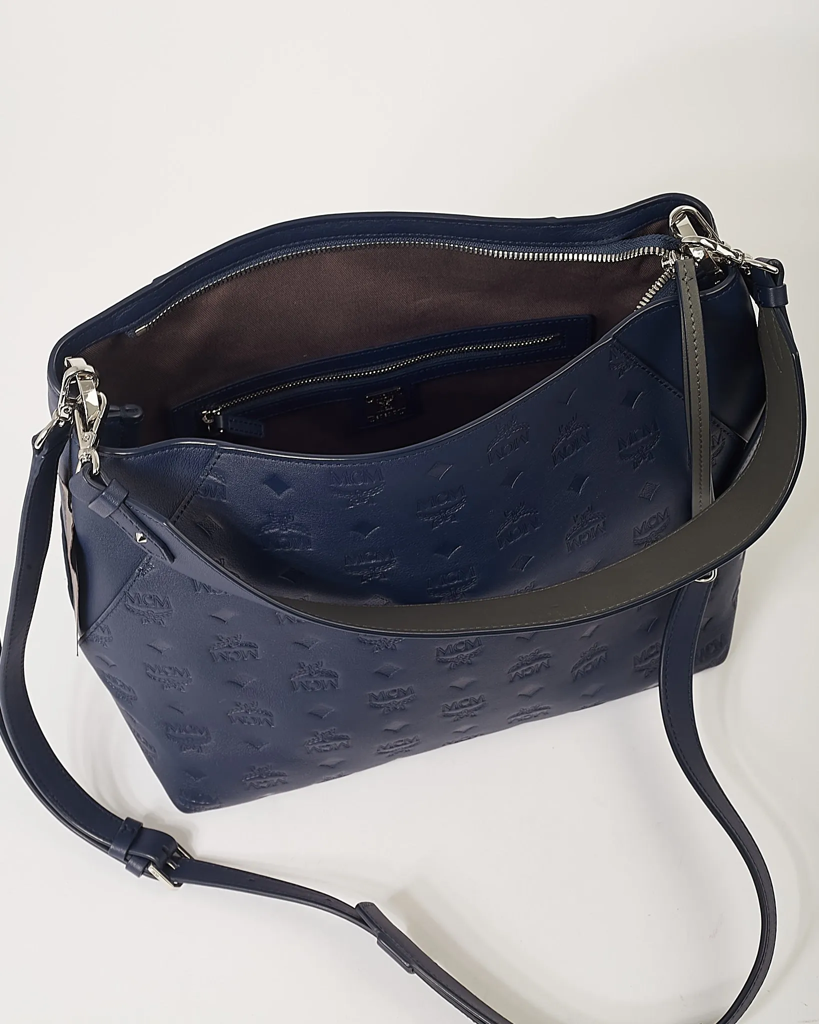 MCM Navy Monogram Embossed Leather Klara Hobo Shoulder bag