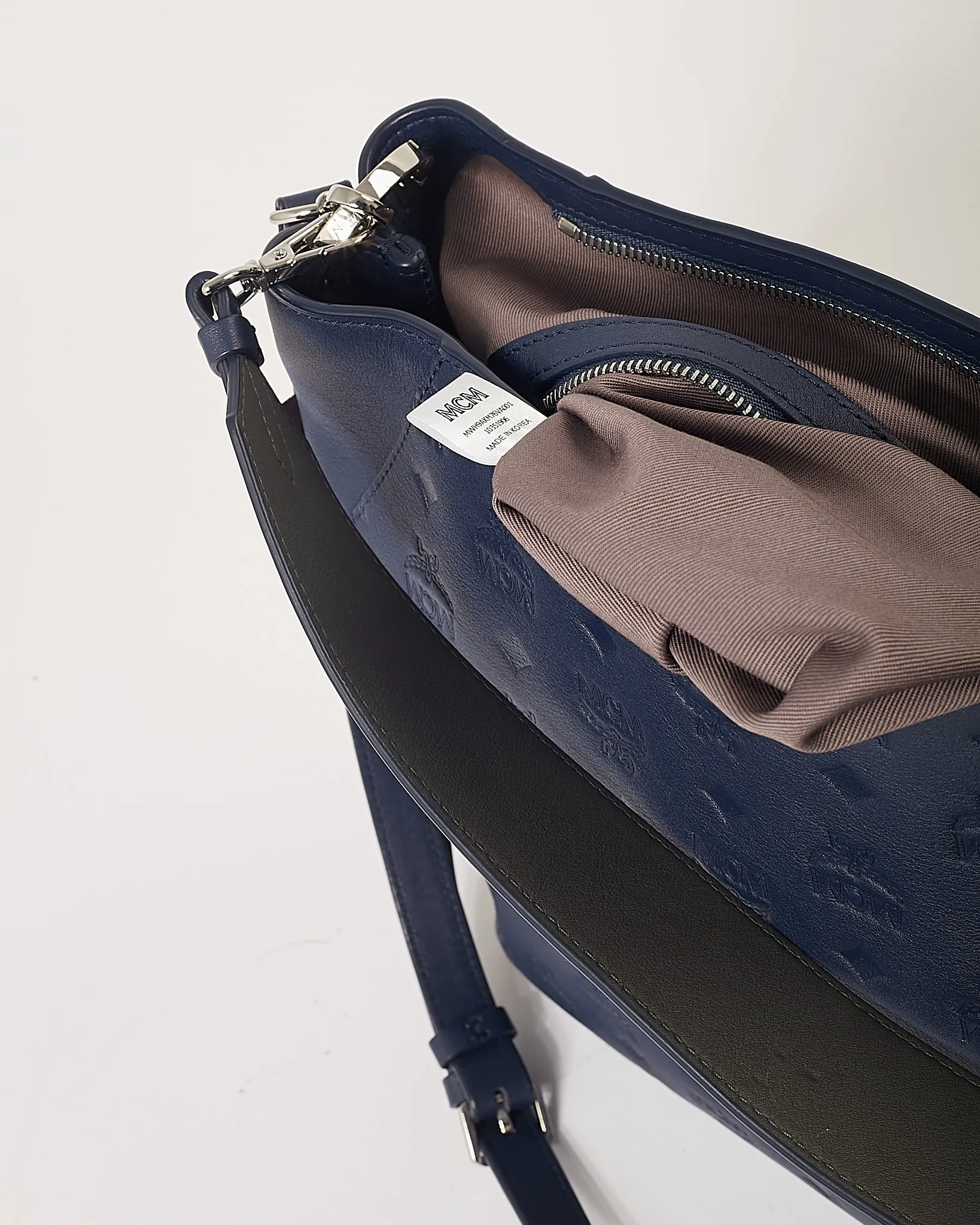 MCM Navy Monogram Embossed Leather Klara Hobo Shoulder bag