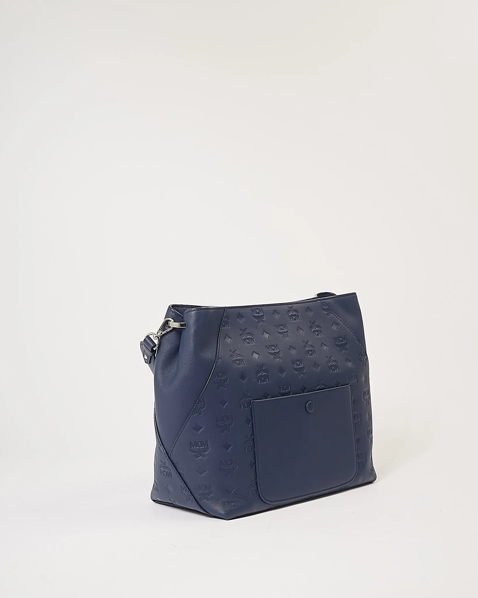 MCM Navy Monogram Embossed Leather Klara Hobo Shoulder bag