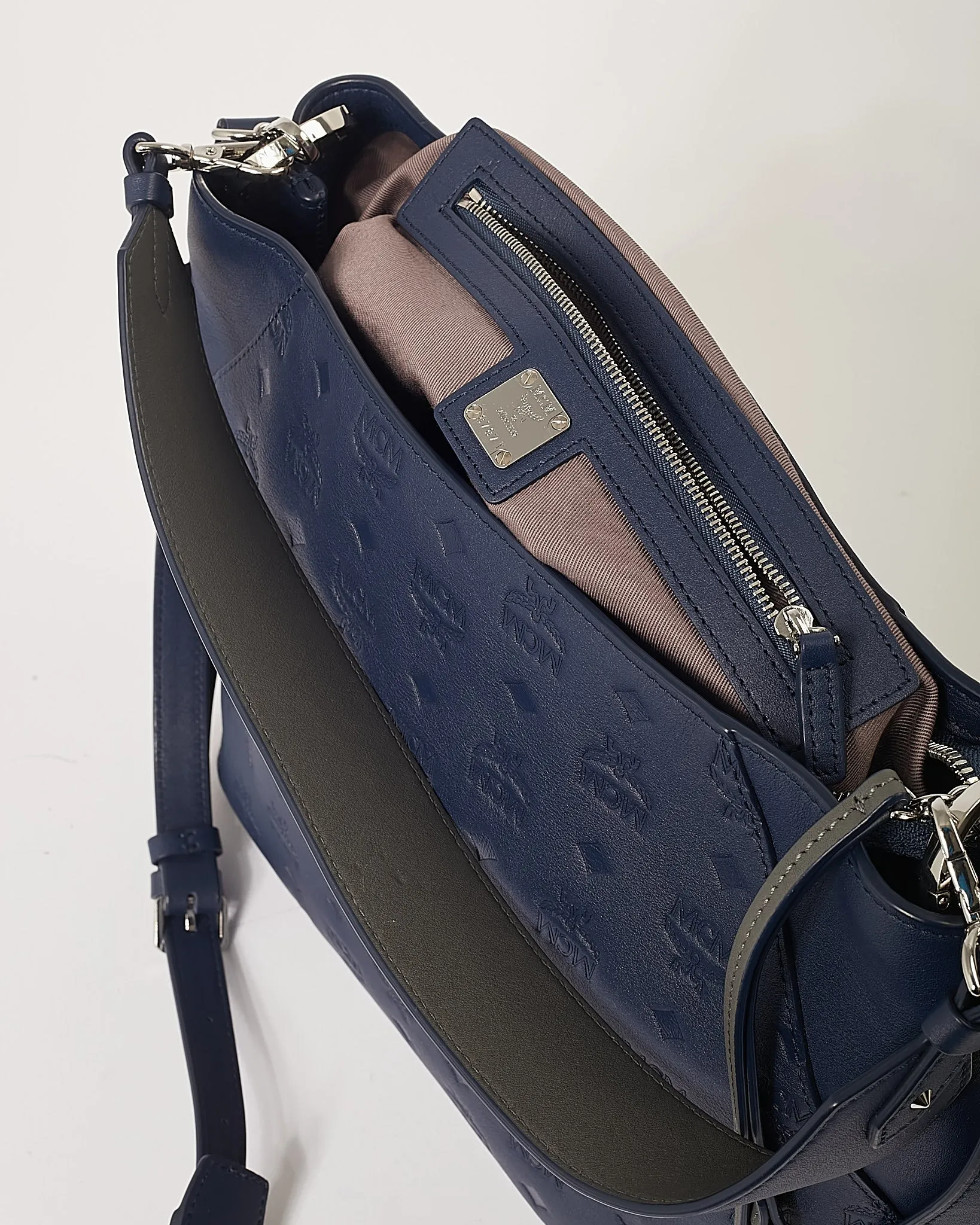 MCM Navy Monogram Embossed Leather Klara Hobo Shoulder bag