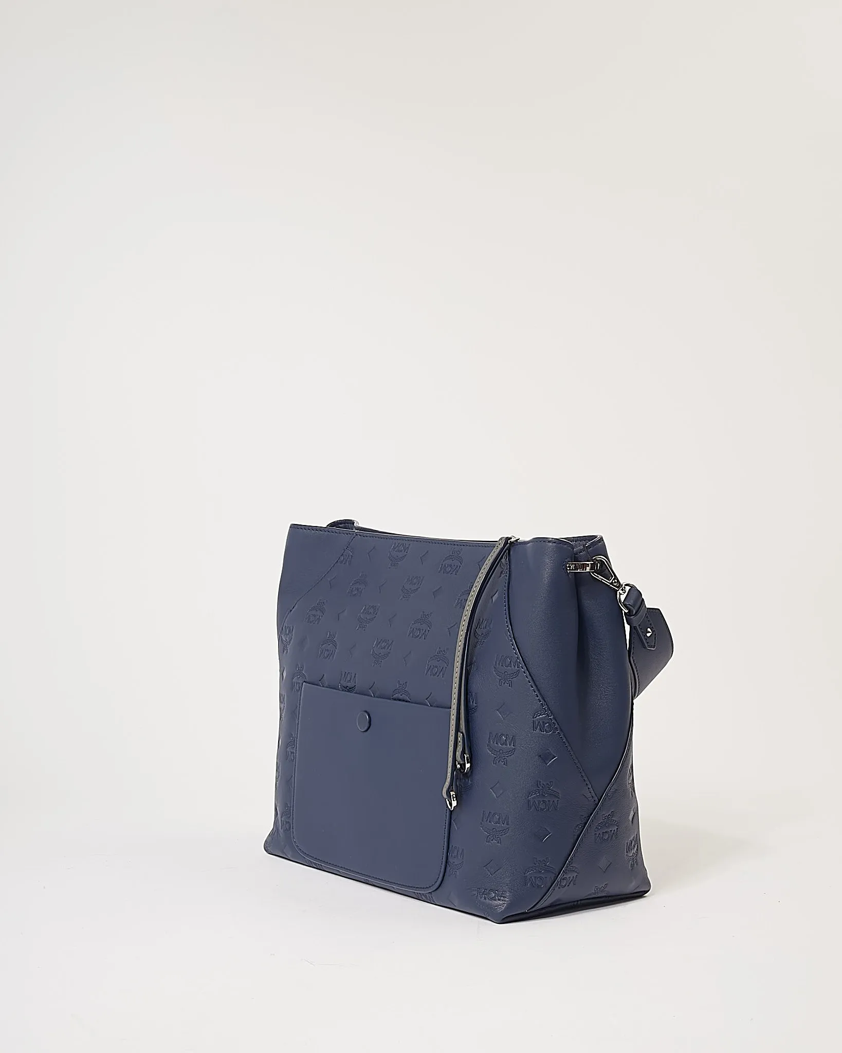 MCM Navy Monogram Embossed Leather Klara Hobo Shoulder bag