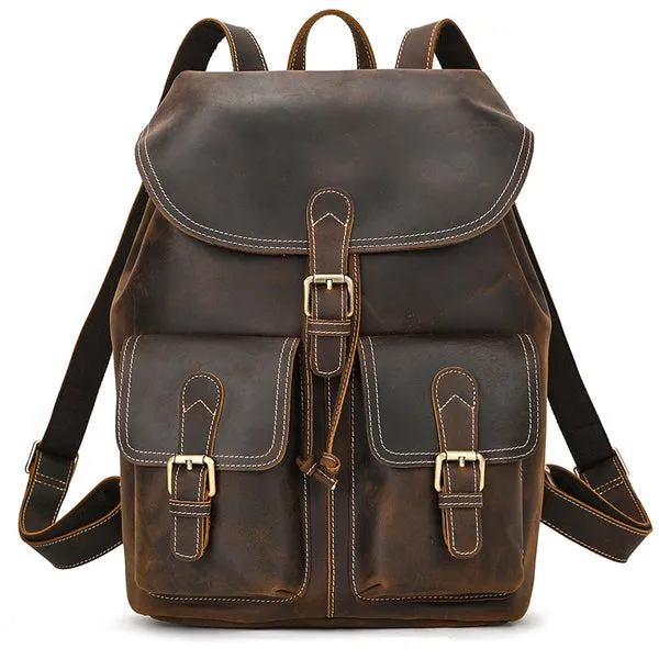Men Leather Backpack 15 Inch Leather Laptop Backpack Retro Travel Backpack