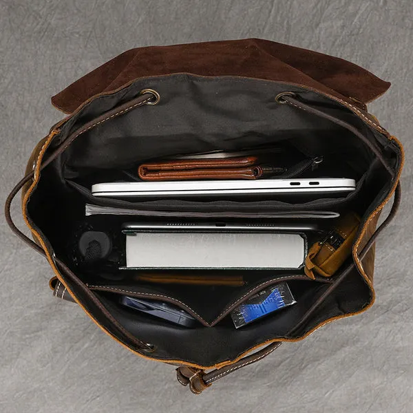 Men Leather Backpack 15 Inch Leather Laptop Backpack Retro Travel Backpack