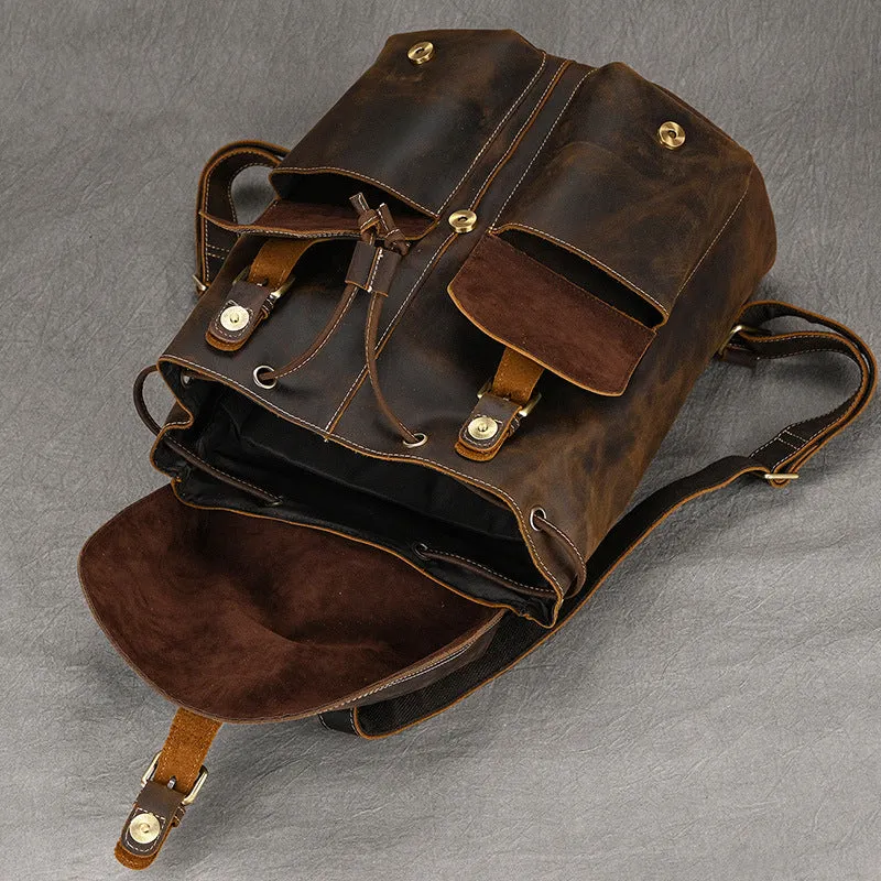 Men Leather Backpack 15 Inch Leather Laptop Backpack Retro Travel Backpack