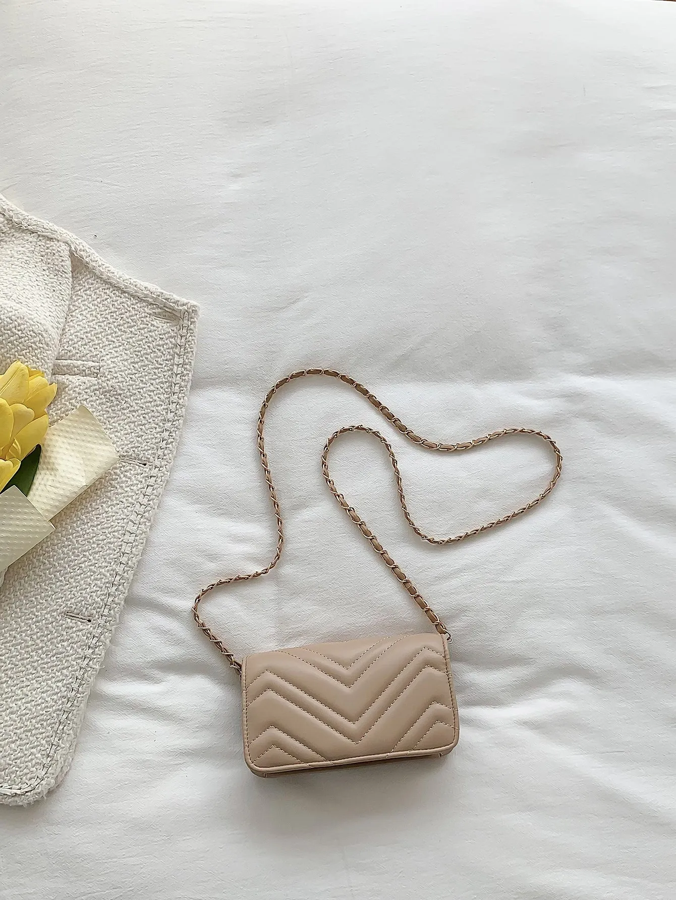 Mini Chevron Quilted Twist Lock Flap Chain Square Bag - Khaki
