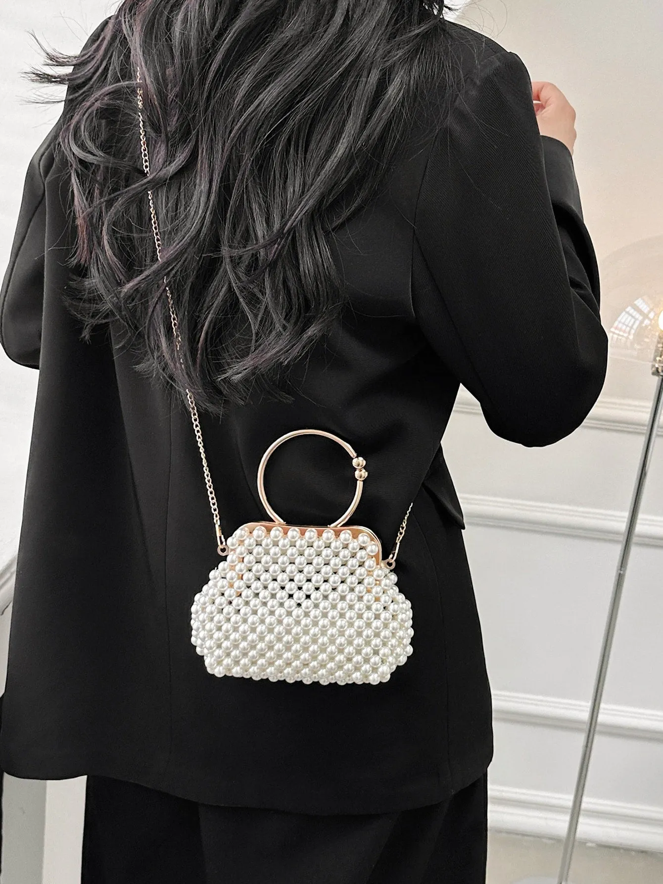 Mini Faux Pearl Decor Chain Evening Bag - White