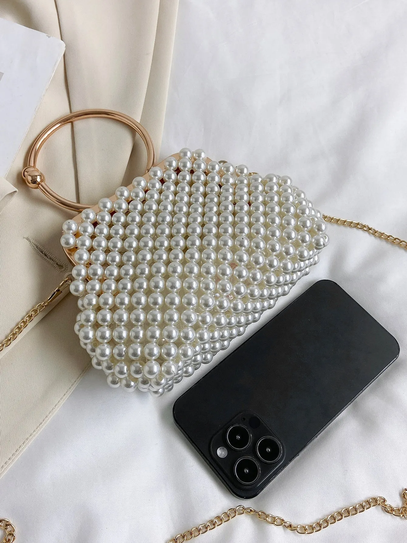 Mini Faux Pearl Decor Chain Evening Bag - White