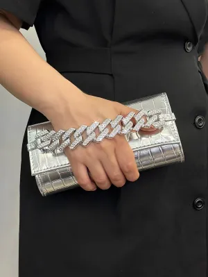 Mini Pu Clutch Bag With Chain Decor - Silver
