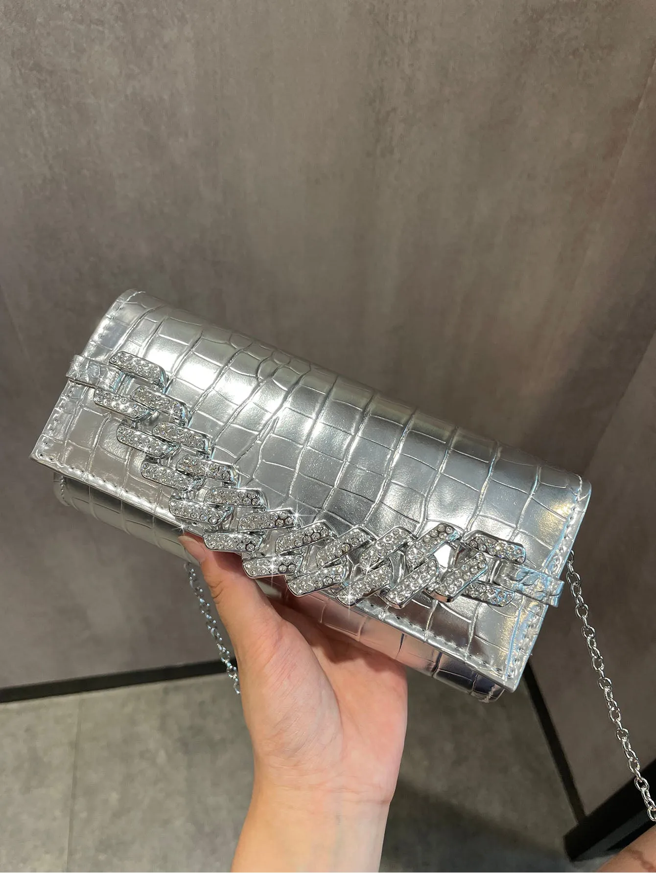 Mini Pu Clutch Bag With Chain Decor - Silver