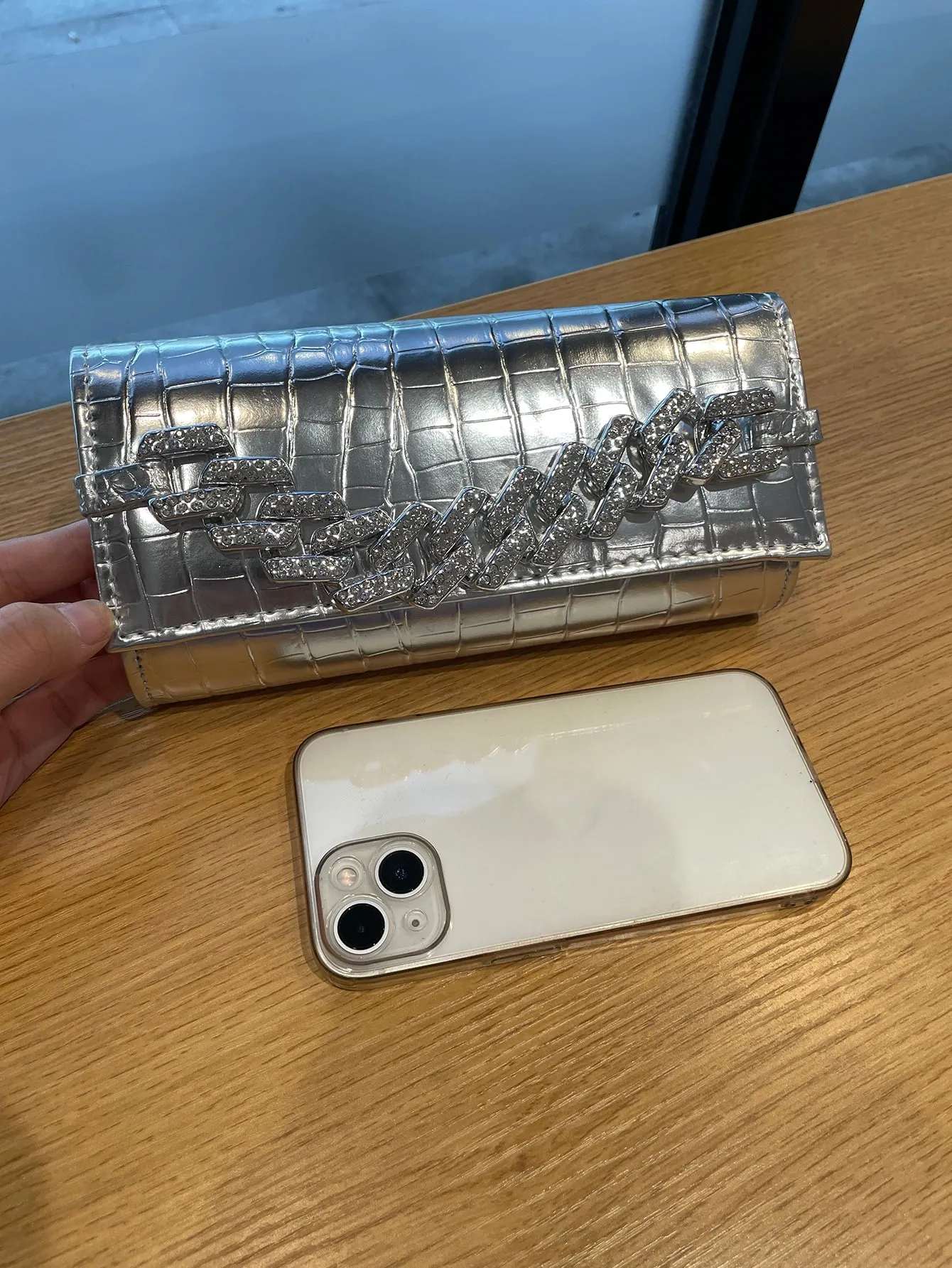 Mini Pu Clutch Bag With Chain Decor - Silver