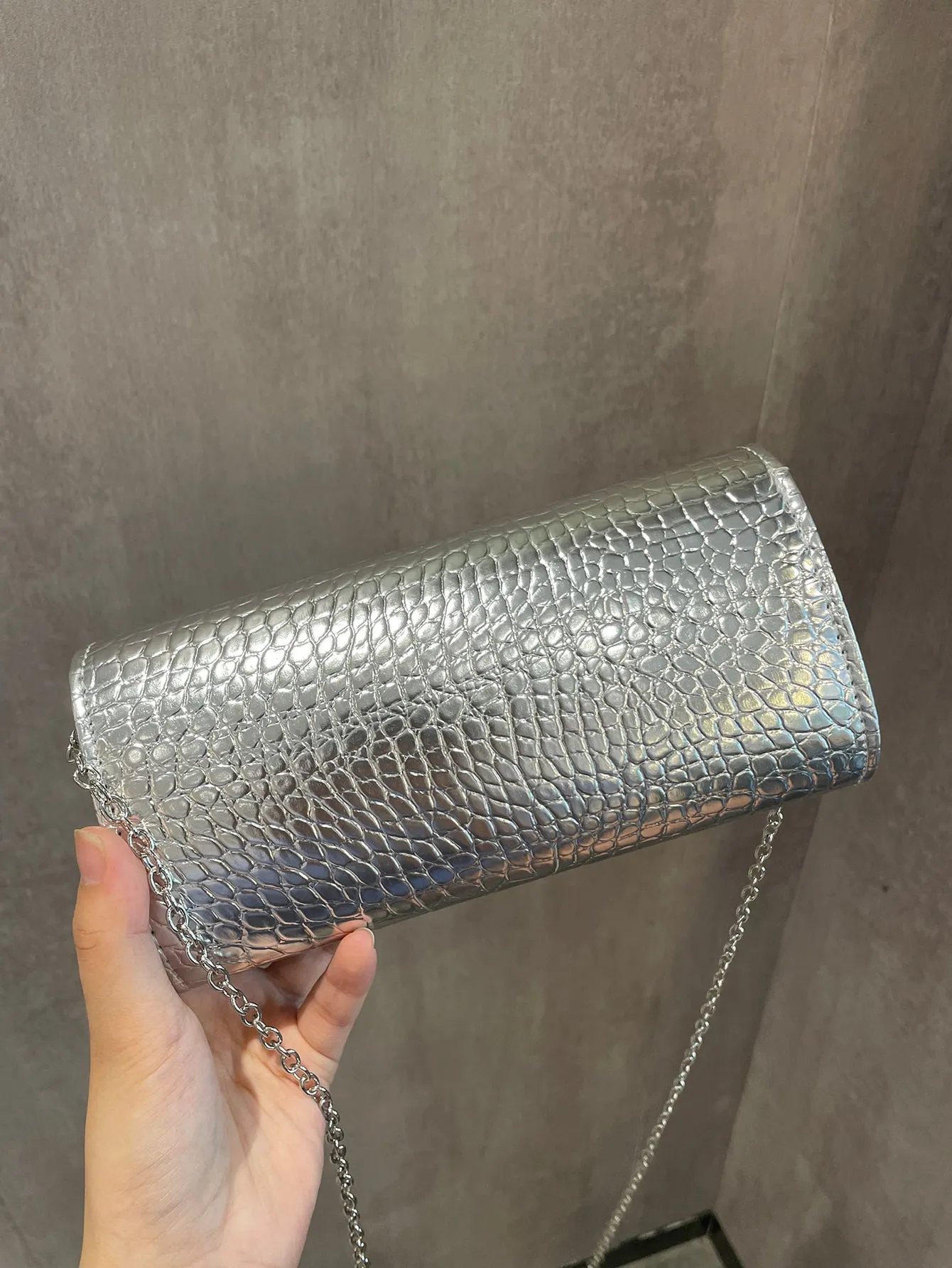 Mini Pu Clutch Bag With Chain Decor - Silver