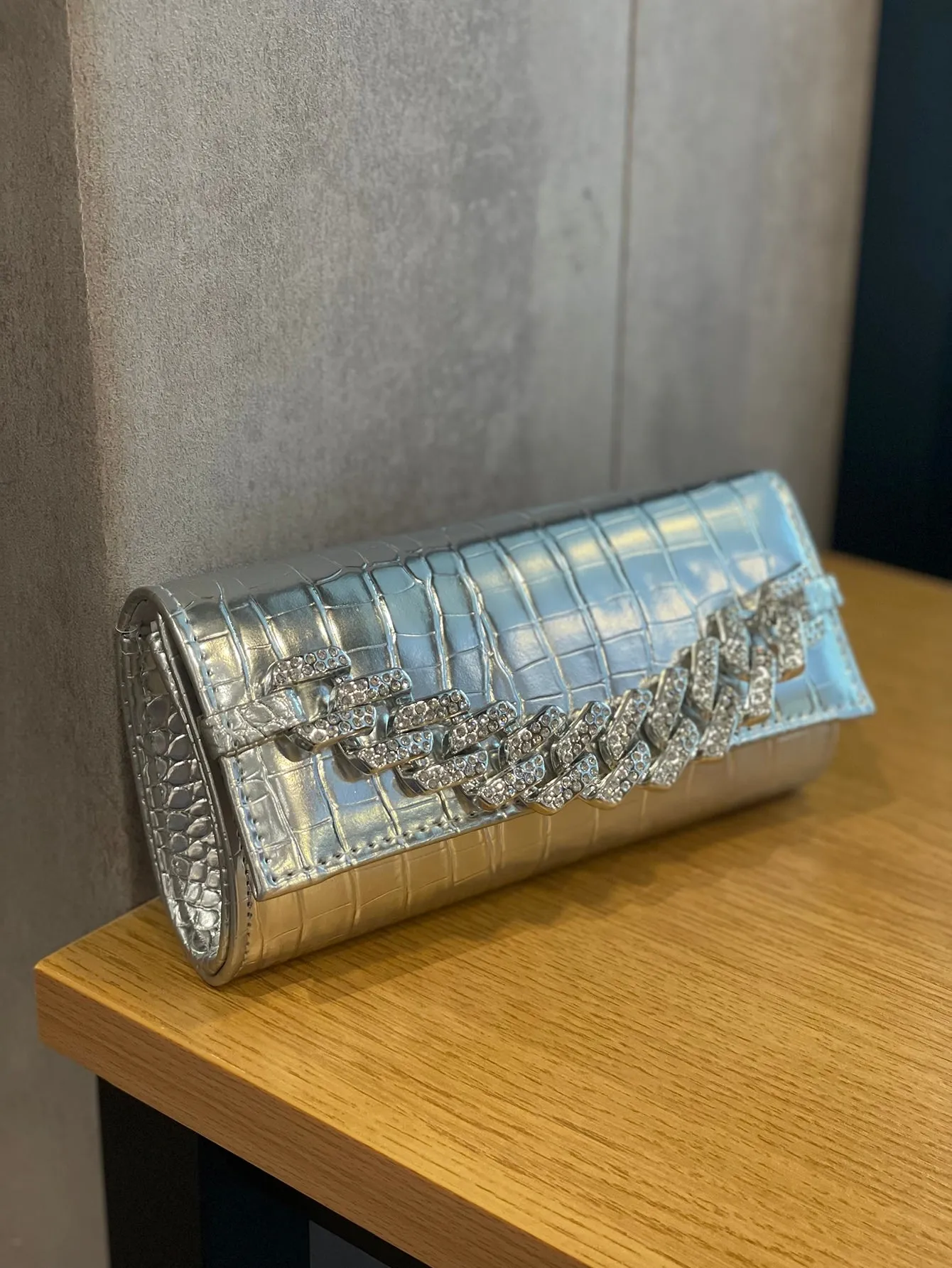Mini Pu Clutch Bag With Chain Decor - Silver