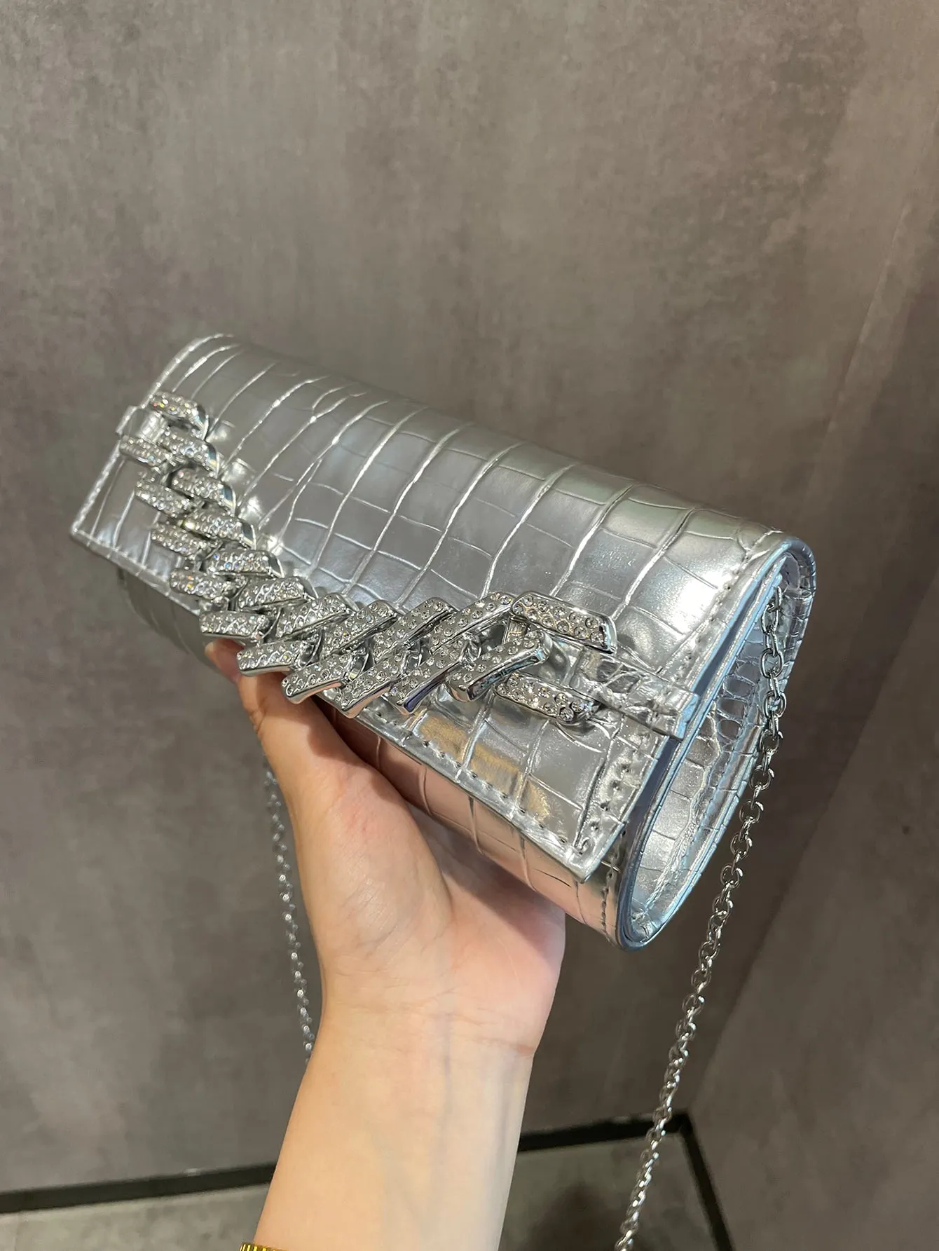 Mini Pu Clutch Bag With Chain Decor - Silver