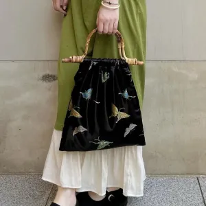 Mira Butterfly Silk Embroidery Bamboo Handle Tote
