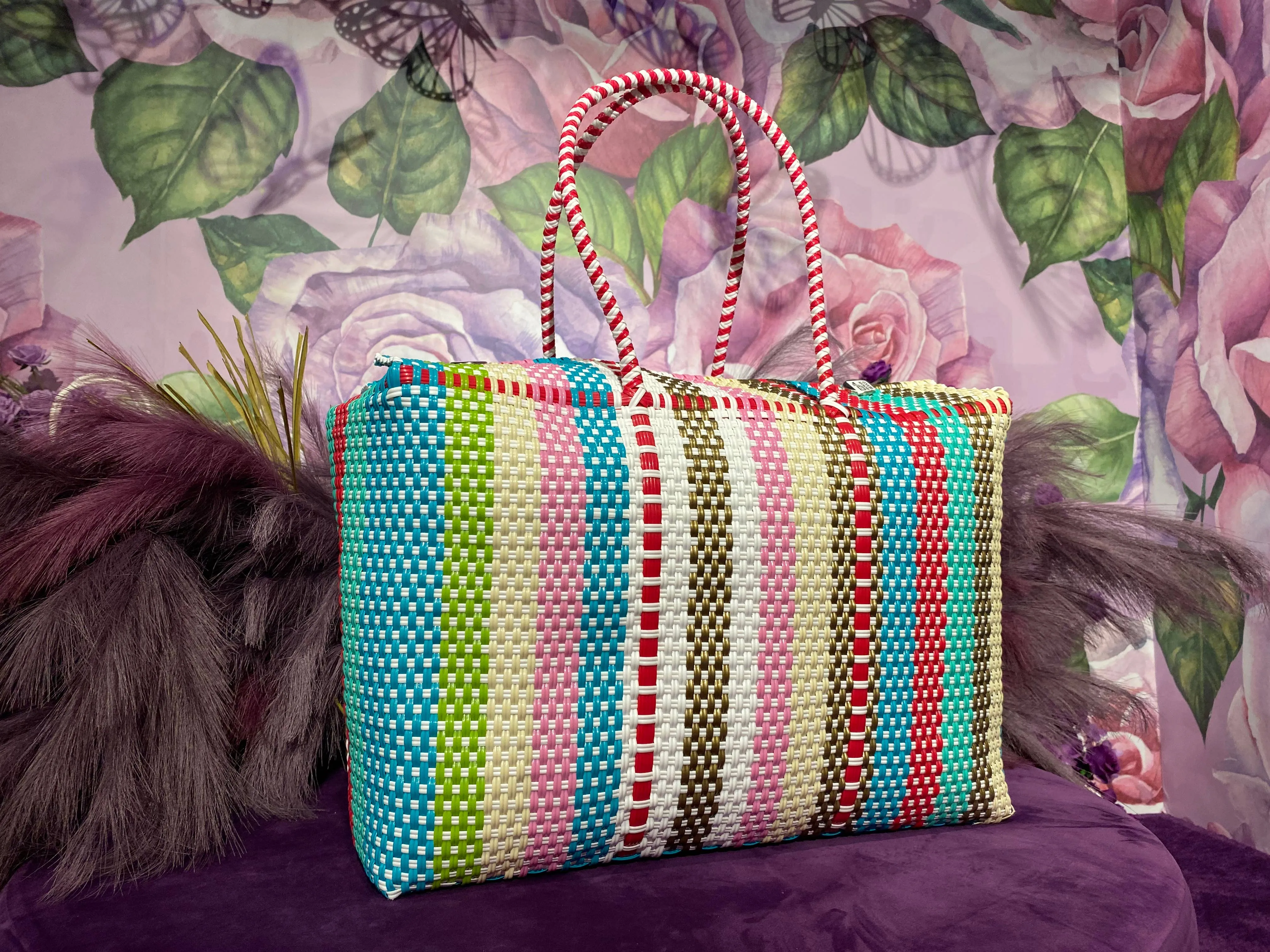 Multi Color  Ashley Handwoven recycled plastic beach Bags