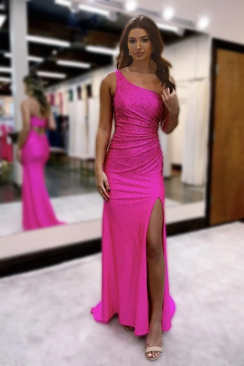 One Shoulder Mermaid Long Beaded Prom Dress with Slit