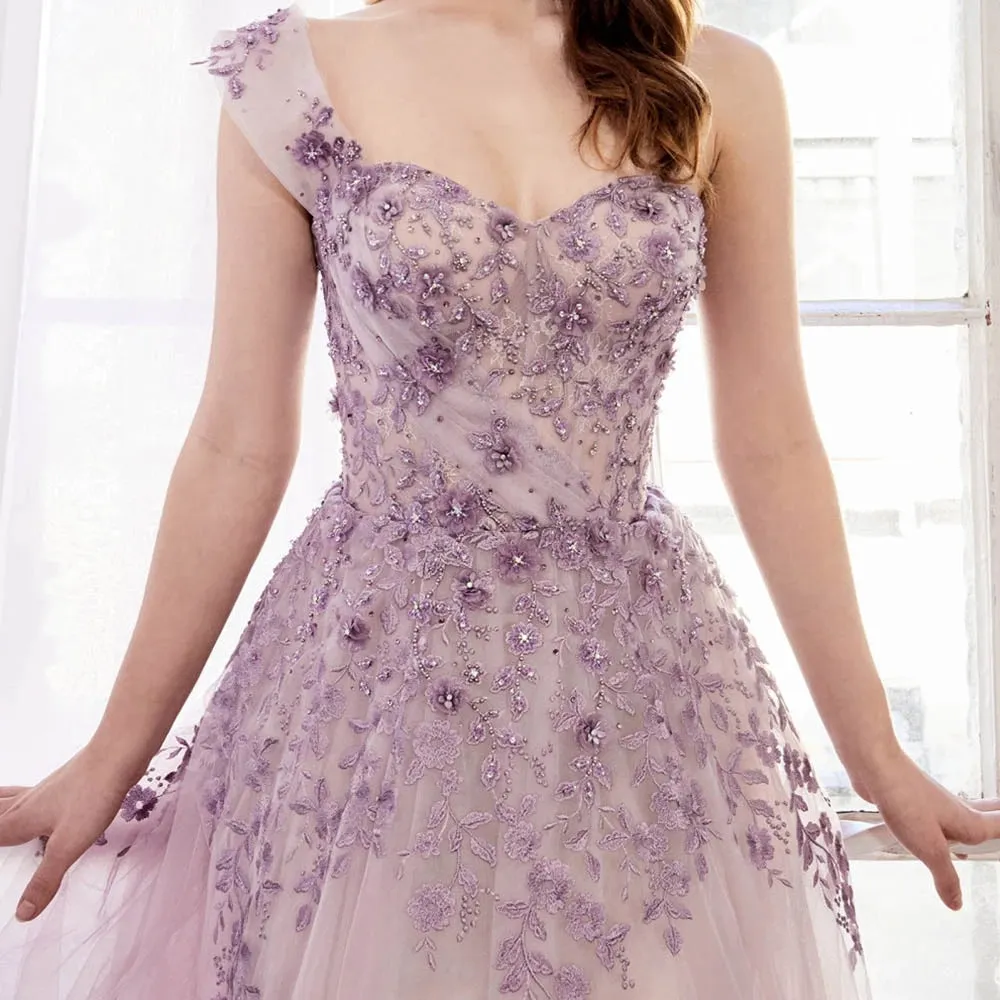 One Shoulder Tulle Sleeveless Long Prom Dress Lace Appliques Beaded Formal Girl Party Gown OKW59