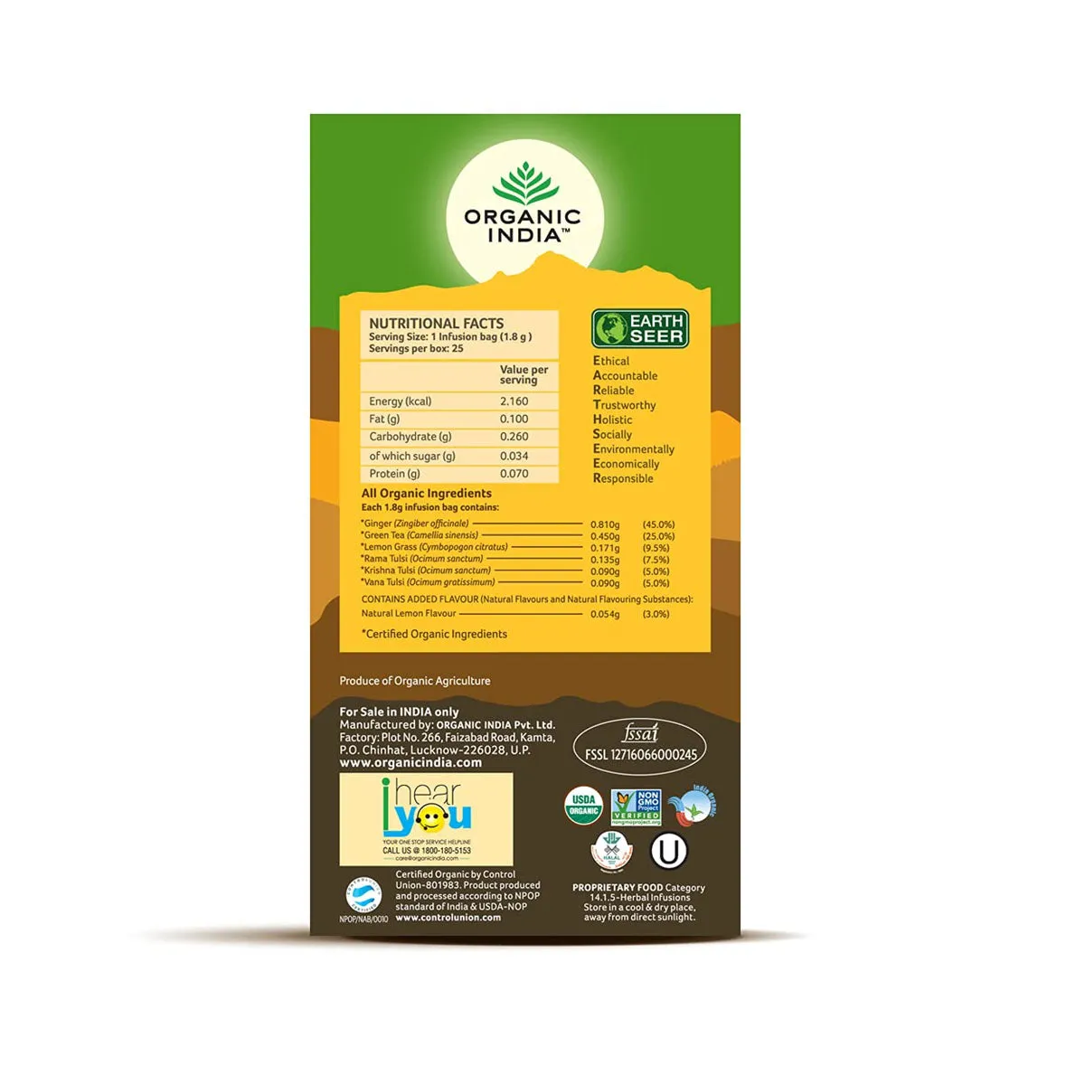 Organic India Tulsi Lemon Ginger Green Tea Bags