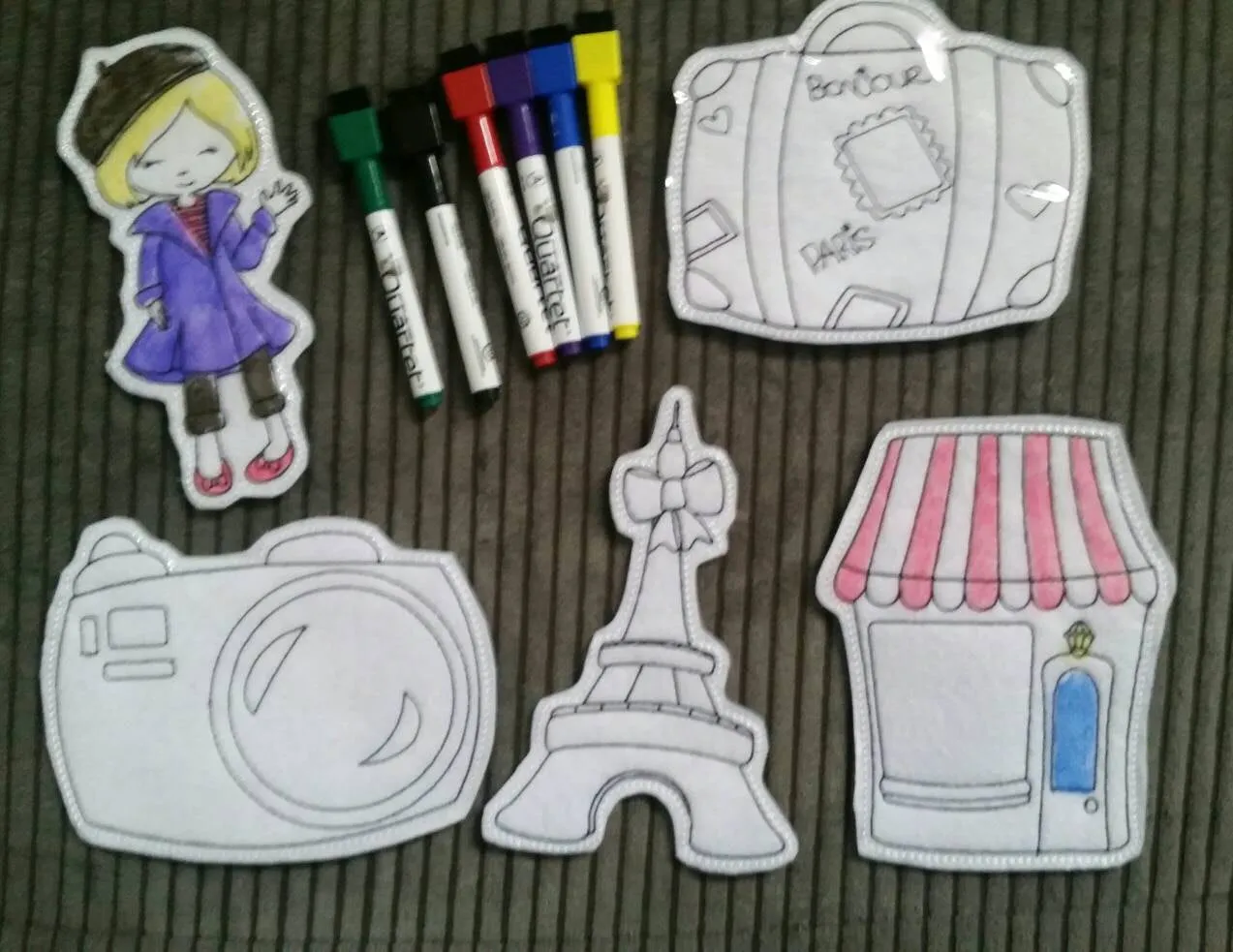 Paris Theme - Coloring Dolls - Quiet Activity - Busy Bags - Color again and again - Eiffel Tower - Camera - Boutique -  Doll - dry erase