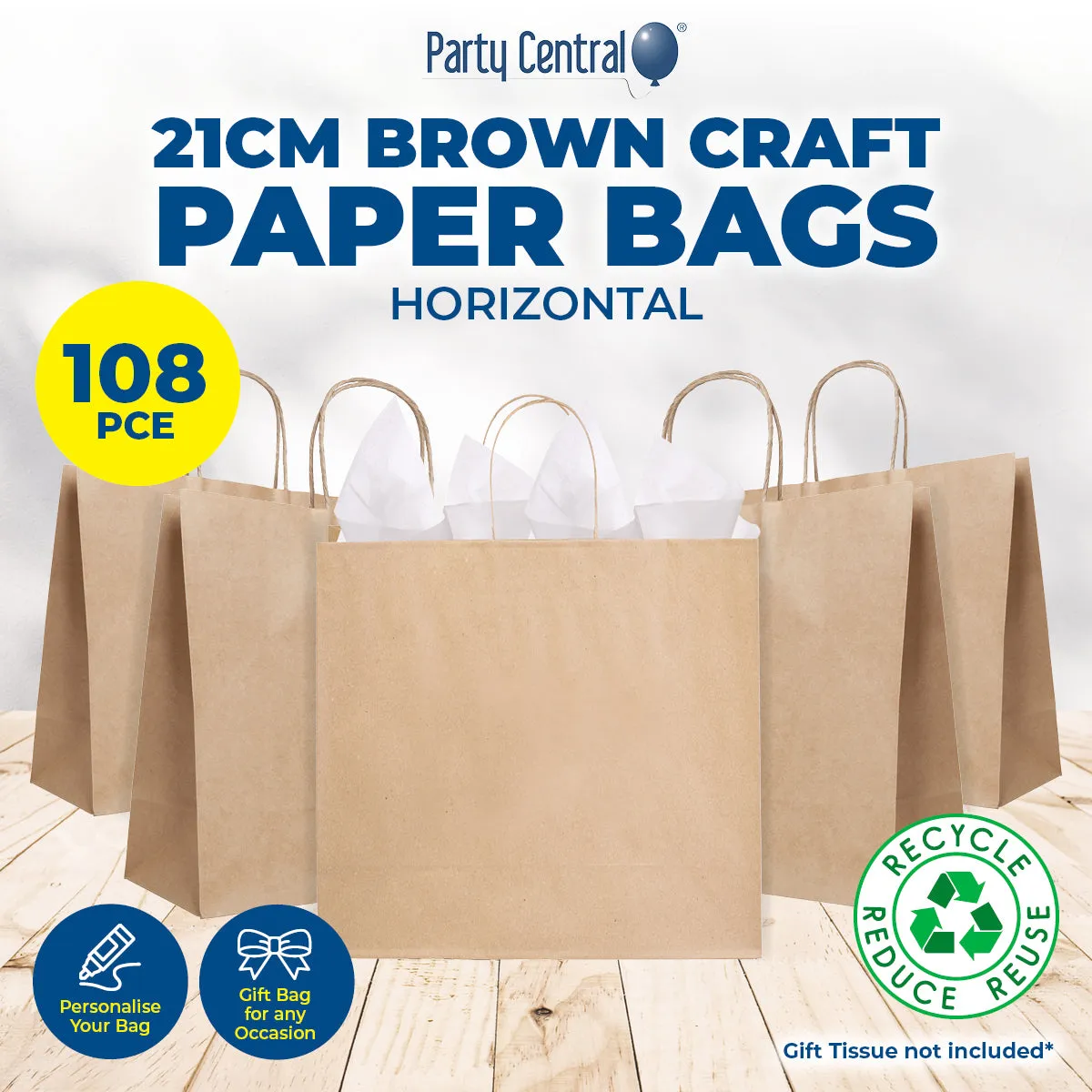 Party Central 108PCE Gift/Craft Paper Bag Brown Horizontal Reusable 15 x 21cm