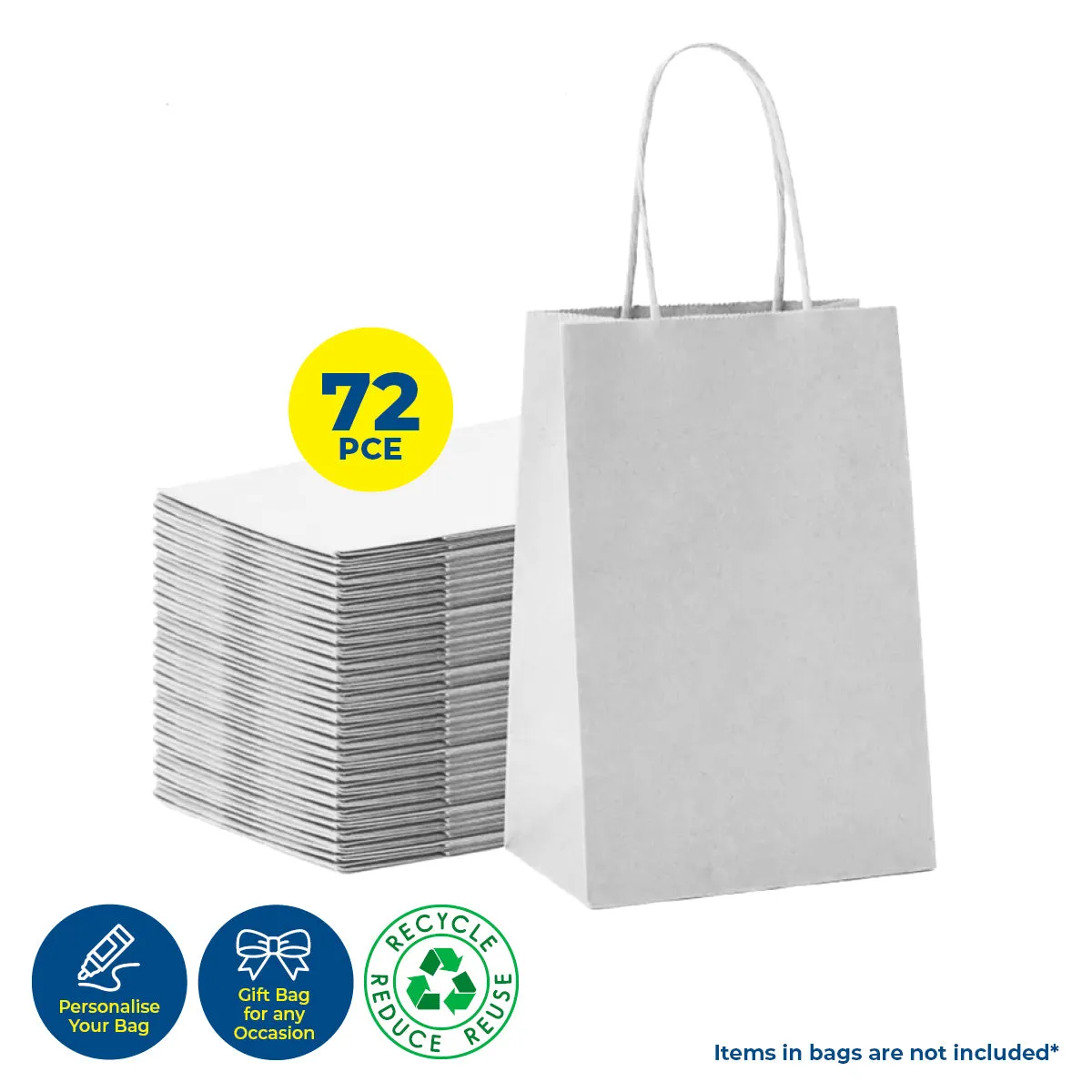 Party Central 72PCE Gift/Craft Paper Bags White Reusable 21 x 27cm