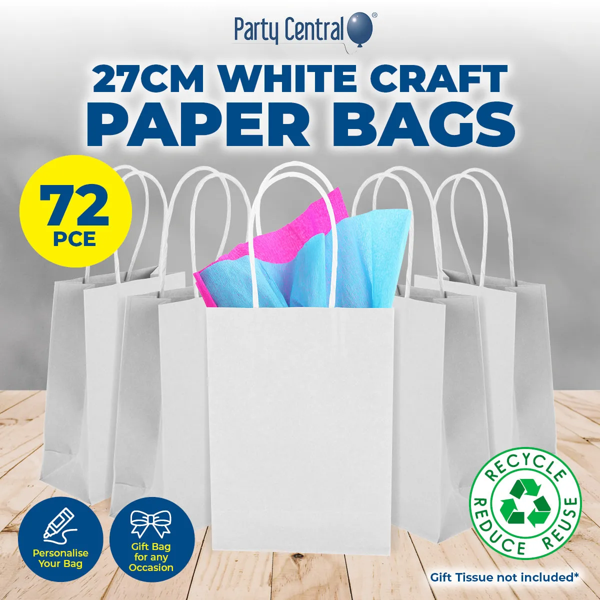 Party Central 72PCE Gift/Craft Paper Bags White Reusable 21 x 27cm