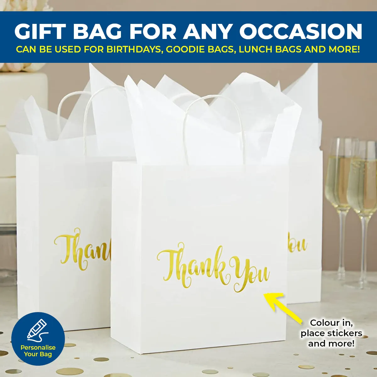 Party Central 72PCE Gift/Craft Paper Bags White Reusable 21 x 27cm