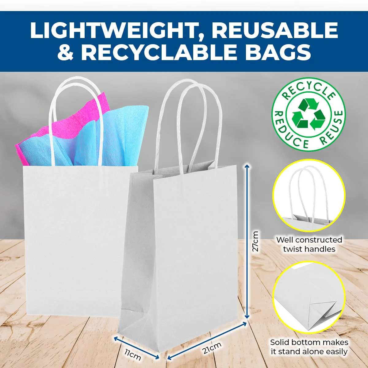Party Central 72PCE Gift/Craft Paper Bags White Reusable 21 x 27cm