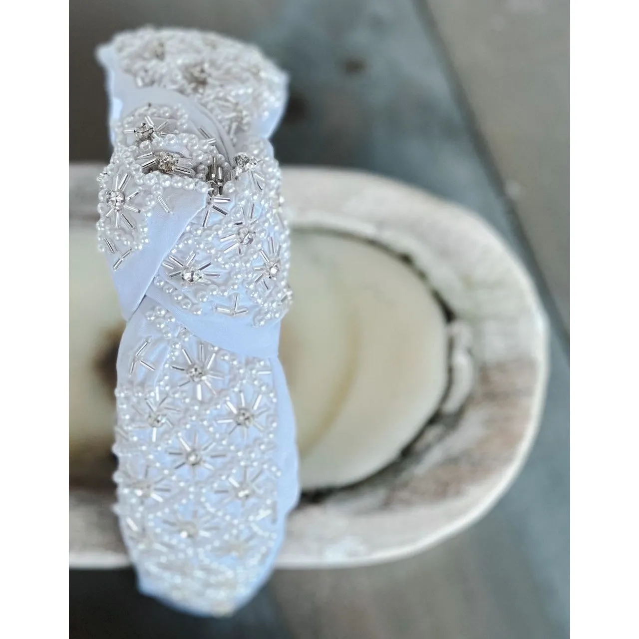 Pearl and Rhinestone Seed Beaded Top Knot Headband
