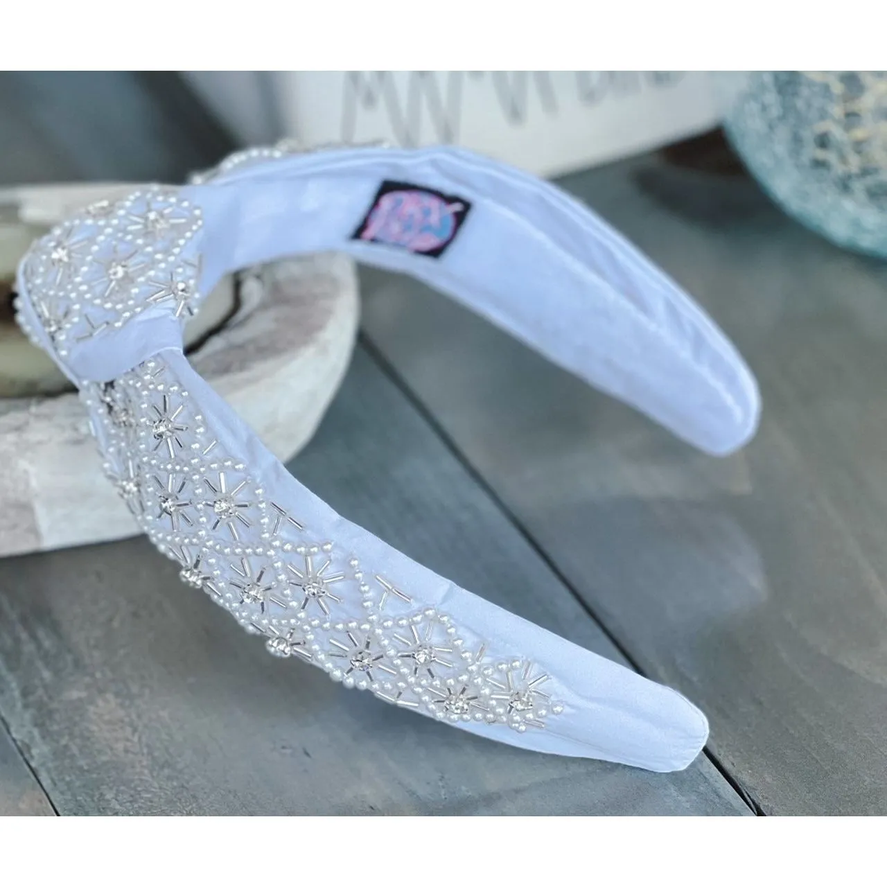 Pearl and Rhinestone Seed Beaded Top Knot Headband