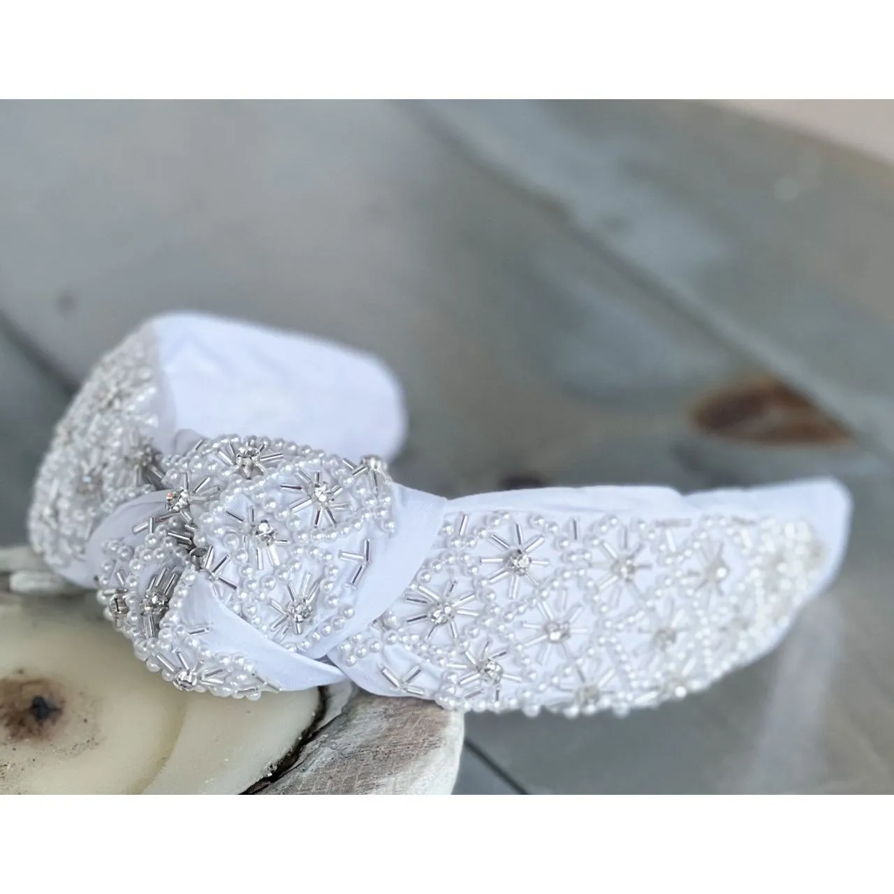 Pearl and Rhinestone Seed Beaded Top Knot Headband