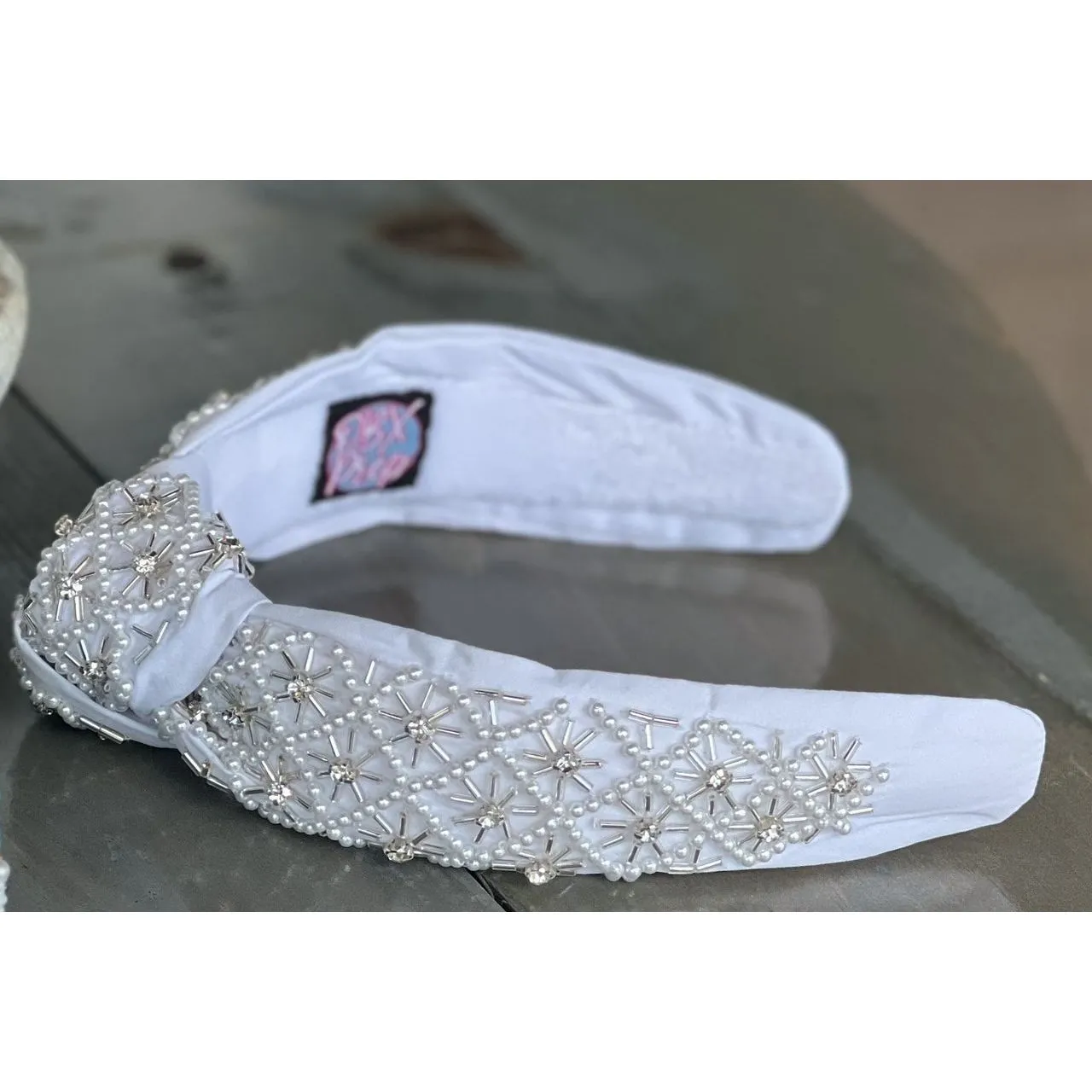 Pearl and Rhinestone Seed Beaded Top Knot Headband