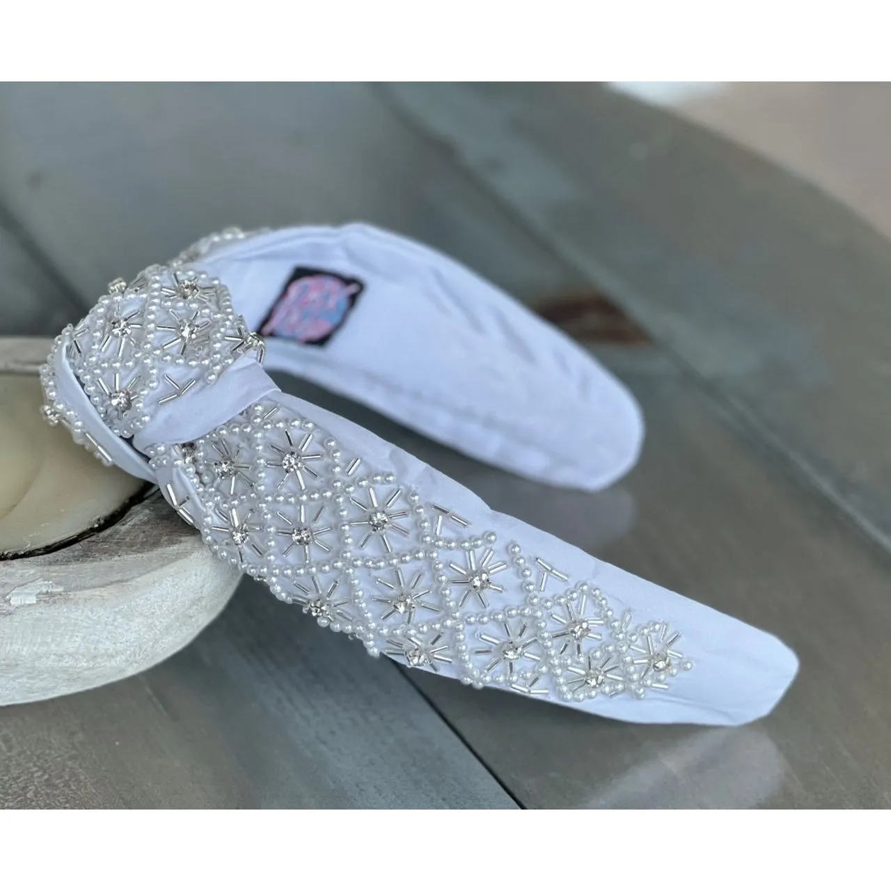 Pearl and Rhinestone Seed Beaded Top Knot Headband